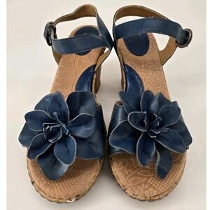 BOC Born Boho Leather Blue Flower Platform Cork Wedge Sandsls Shoe Sz 7